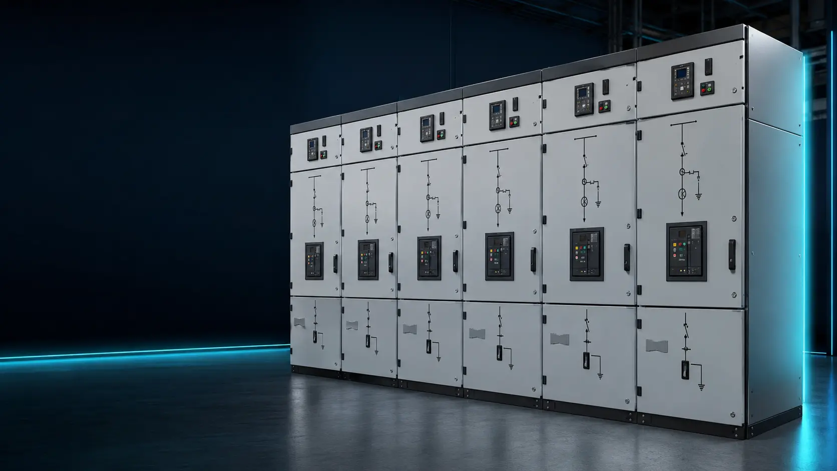 Brand-neutral indoor medium-voltage metal-clad switchgear lineup with closed compartments in a modern test bay.