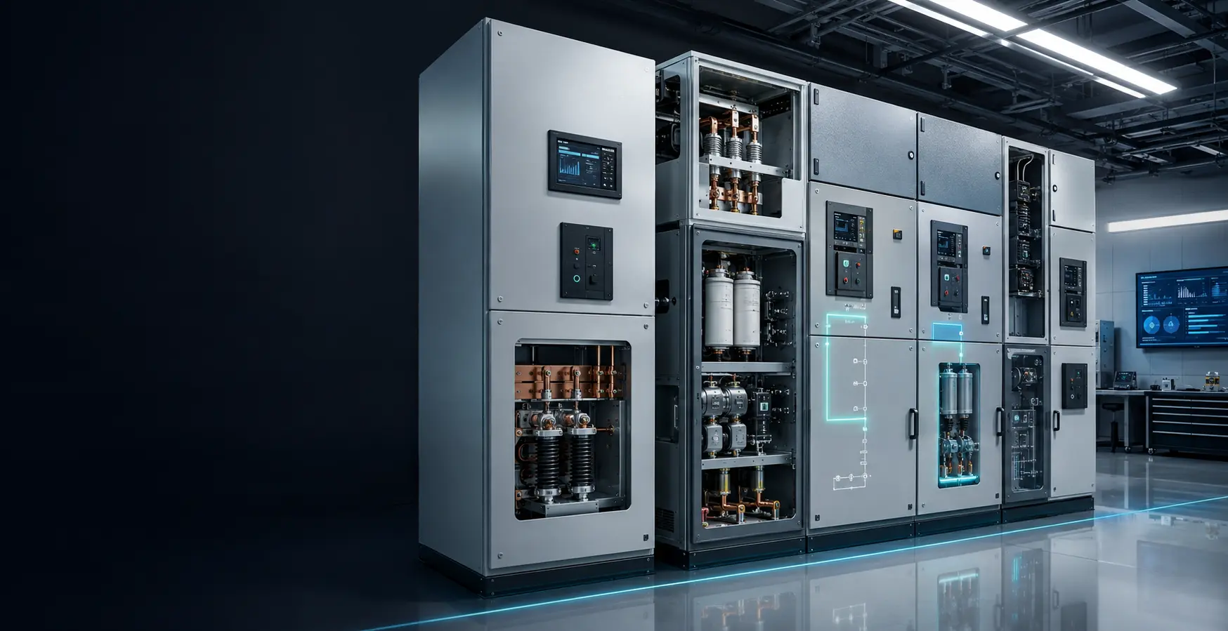 A fictional, unbranded lineup of modern medium-voltage switchgear representing emerging insulation and digital technologies.