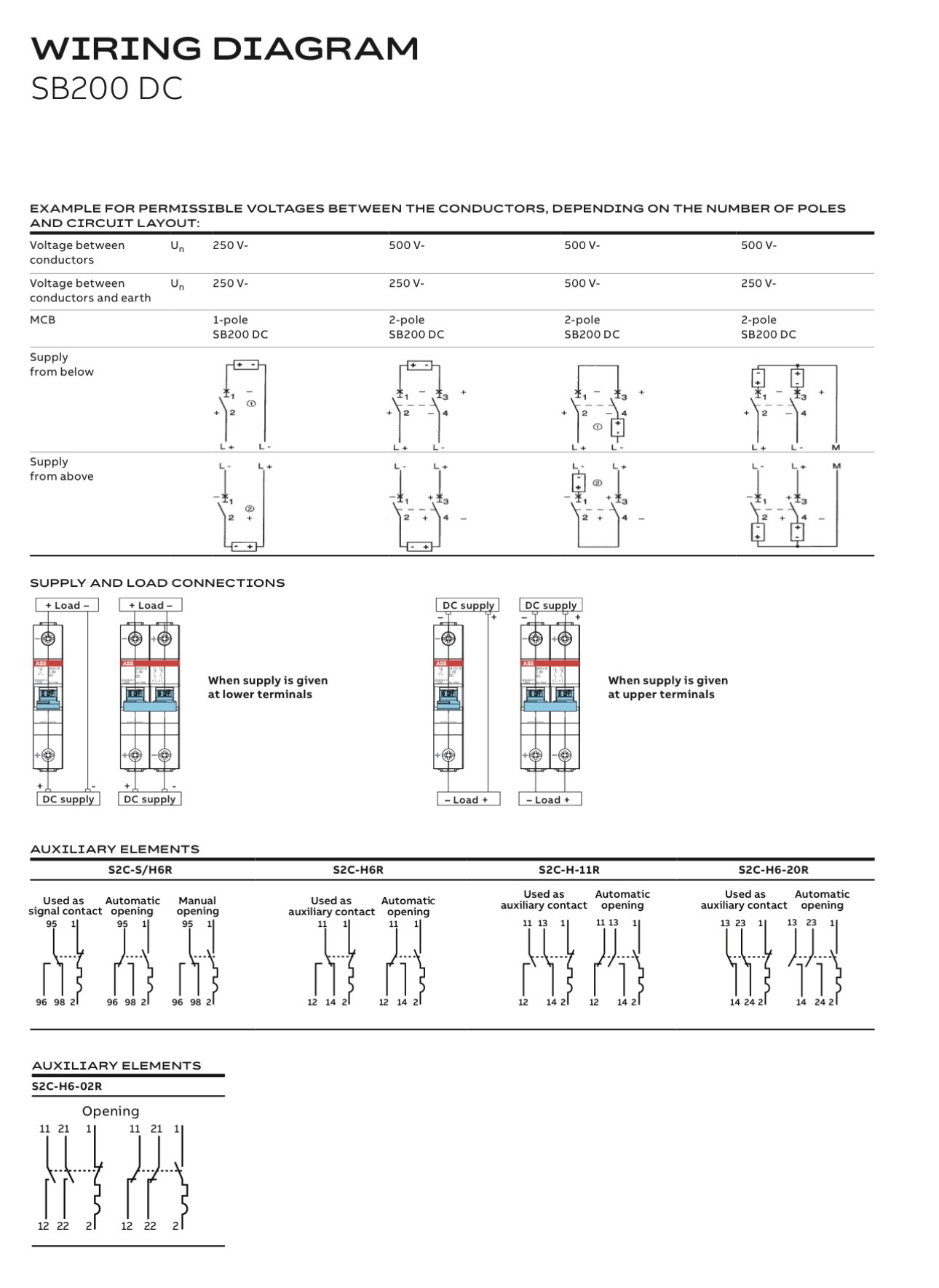 Full ABB SB200 DC wiring page with permissible-voltage, supply/load, and auxiliary-element diagrams.