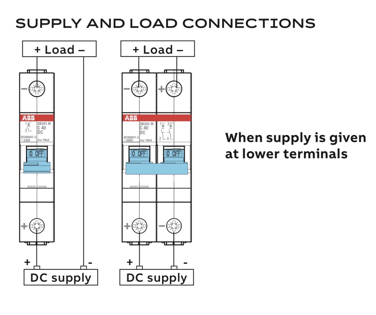 ABB SB200 DC one- and two-pole wiring when the DC source is connected at the lower terminals.