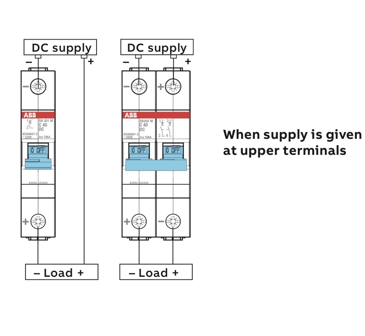 ABB SB200 DC one- and two-pole wiring when the DC source is connected at the upper terminals.