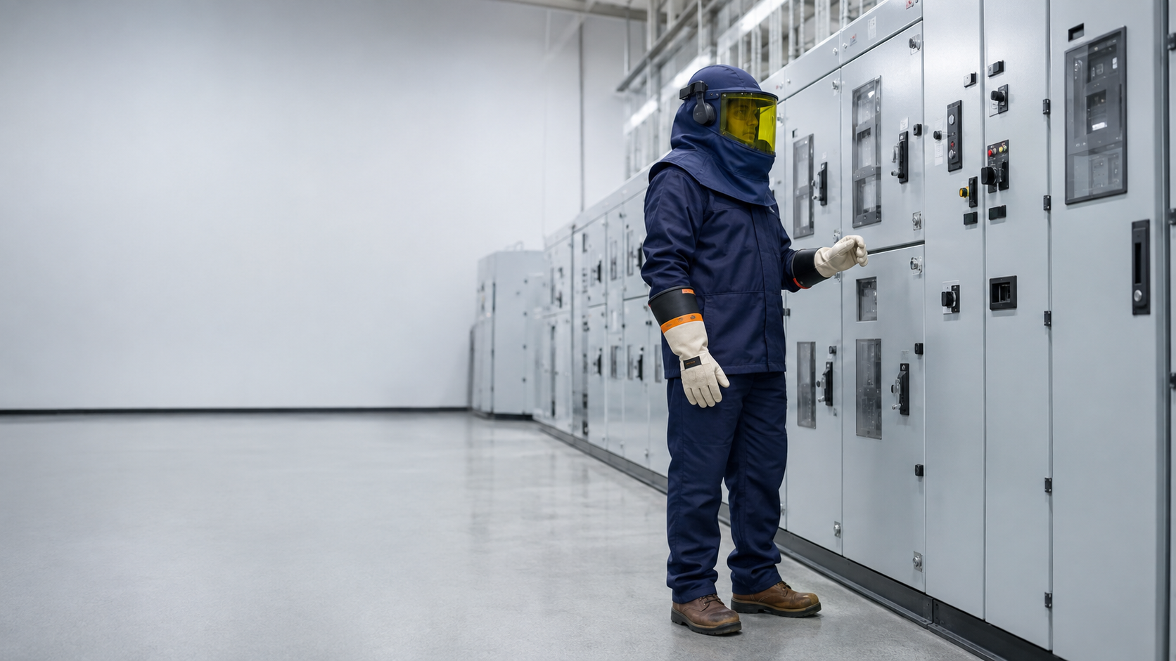 Switchgear operator wearing a complete arc-flash PPE ensemble in front of medium-voltage switchgear