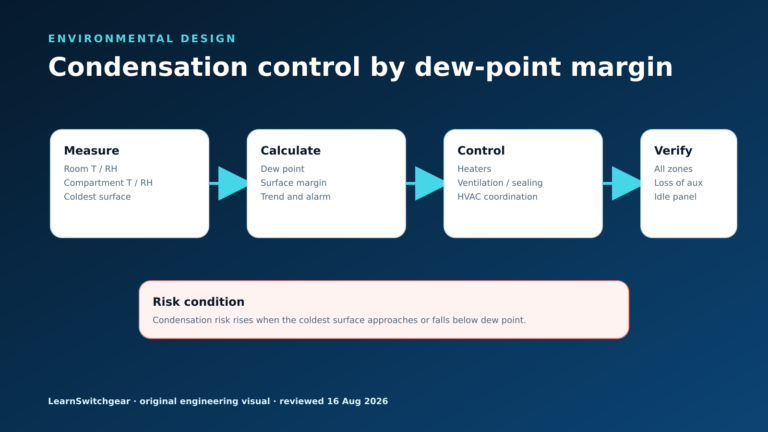 MV switchgear condensation-control diagram showing dew-point and heater verification.