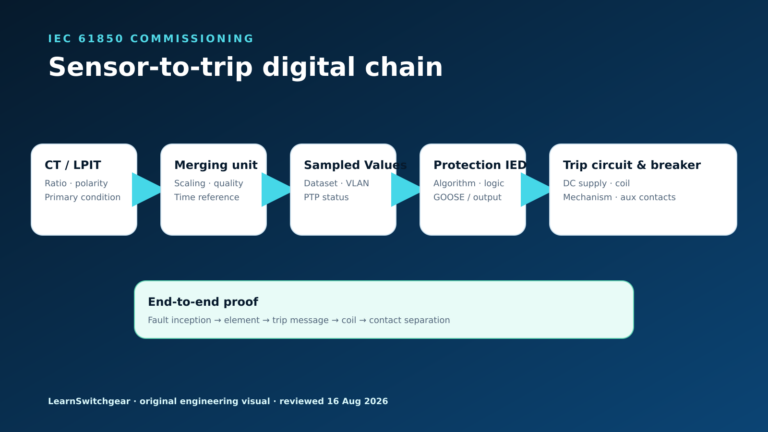 Digital protection signal chain from instrument sensors through the IED to the circuit breaker.