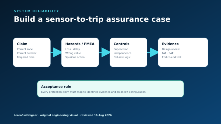 Sensor-to-trip functional assurance chain from sensors and IED logic to the trip coil and circuit breaker.