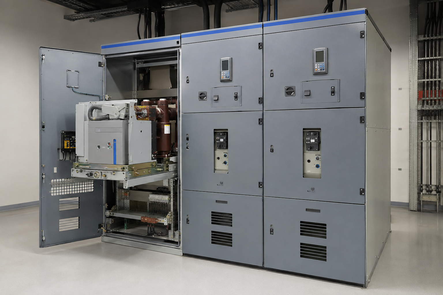 Modern medium-voltage switchgear lineup with a withdrawable vacuum circuit breaker partially withdrawn from its panel.